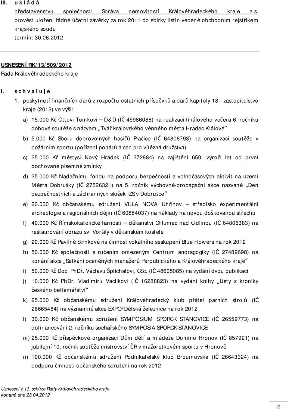 000 Kč Ottovi Tomkovi D&D (IČ 45986088) na realizaci finálového večera 6. ročníku dobové soutěže s názvem Tvář královského věnného města Hradec Králové b) 5.