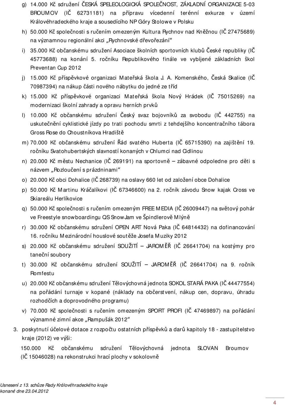 Polsku h) 50.000 Kč společnosti s ručením omezeným Kultura Rychnov nad Kněžnou (IČ 27475689) na významnou regionální akci Rychnovské dřevořezání i) 35.