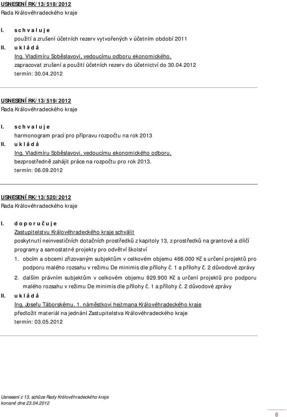 s c h v a l u j e harmonogram prací pro přípravu rozpočtu na rok 2013 II. Ing. Vladimíru Soběslavovi, vedoucímu ekonomického odboru, bezprostředně zahájit práce na rozpočtu pro rok 2013. termín: 06.