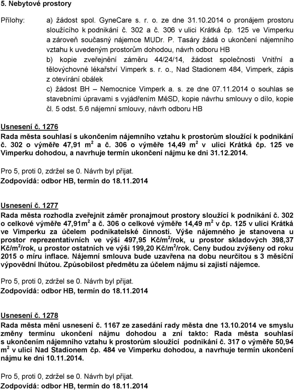 Tasáry žádá o ukončení nájemního vztahu k uvedeným prostorům dohodou, návrh odboru HB b) kopie zveřejnění záměru 44/24/14, žádost společnosti Vnitřní a tělovýchovné lékařství Vimperk s. r. o., Nad Stadionem 484, Vimperk, zápis z otevírání obálek c) žádost BH Nemocnice Vimperk a.