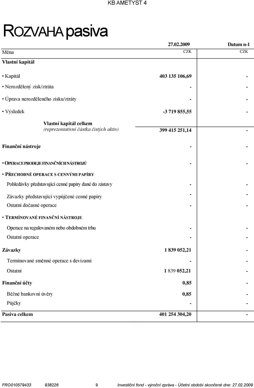 čistých aktiv) 399 415 251,14 Finanční nástroje OPERACE PRODEJE FINANČNÍCH NÁSTROJŮ PŘECHODNÉ OPERACE S CENNÝMI PAPÍRY Pohledávky představující cenné papíry dané do zástavy Závazky představující