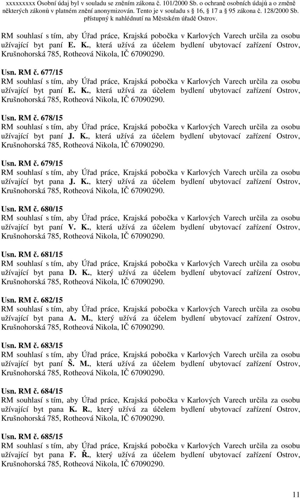 K., která užívá za účelem bydlení ubytovací zařízení Ostrov, Usn. RM č. 681/15 užívající byt pana D. K., který užívá za účelem bydlení ubytovací zařízení Ostrov, Usn. RM č. 682/15 užívající byt pana A.