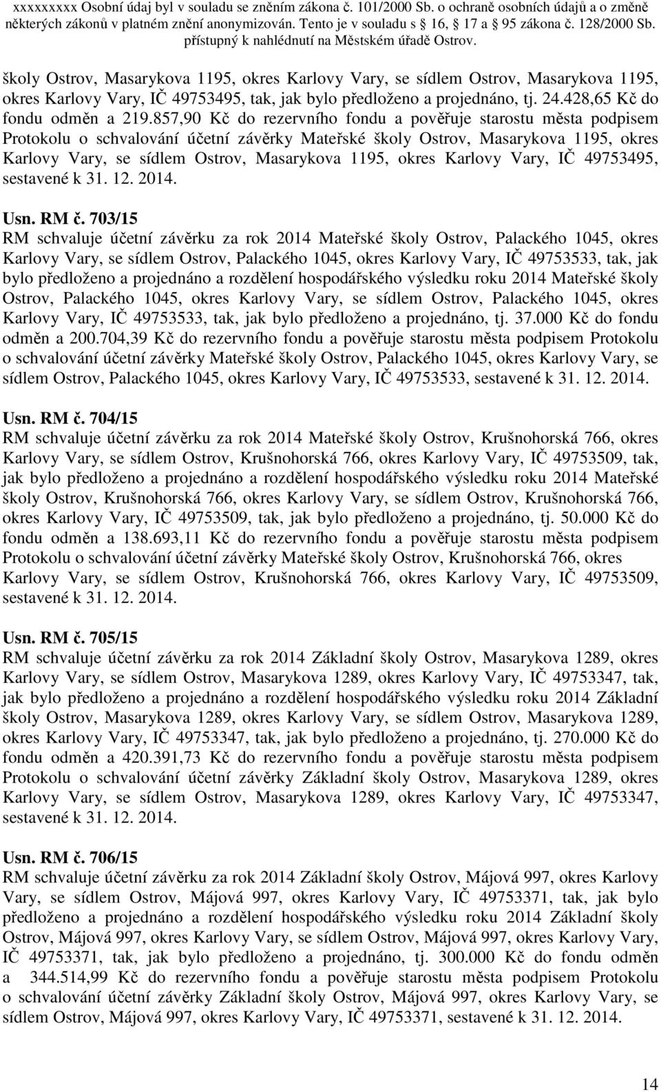 okres Karlovy Vary, IČ 49753495, sestavené k 31. 12. 2014. Usn. RM č.