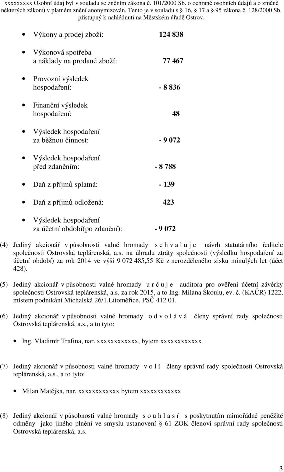 valné hromady s c h v a l u j e návrh statutárního ředitele společnosti Ostrovská teplárenská, a.s. na úhradu ztráty společnosti (výsledku hospodaření za účetní období) za rok 2014 ve výši 9 072 485,55 Kč z nerozděleného zisku minulých let (účet 428).