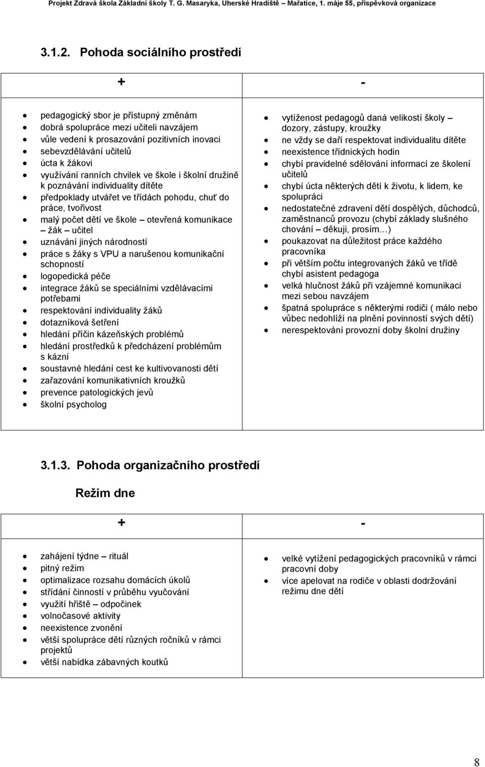 využívání ranních chvilek ve škole i školní družině k poznávání individuality dítěte předpoklady utvářet ve třídách pohodu, chuť do práce, tvořivost malý počet dětí ve škole otevřená komunikace žák
