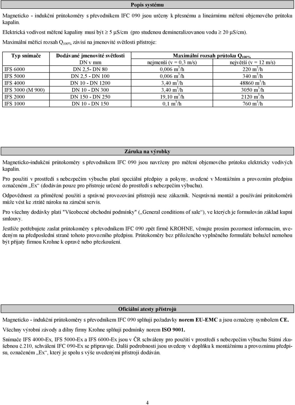 Maximální měřicí rozsah Q 100% závisí na jmenovité světlosti přístroje: Typ snímače Dodávané jmenovité světlosti Maximální rozsah průtoku Q 100% DN v mm nejmenší (v = 0,3 m/s) největší (v = 12 m/s)