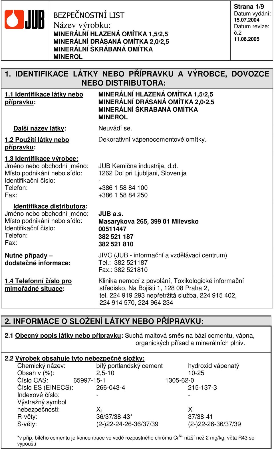 Identifikační číslo: Telefon: Fax: Nutné případy dodatečné informace: 1.4 Telefonní číslo pro mimořádné situace: Neuvádí se. Dekorativní vápenocementové omítky. JUB Kemična industrija, d.d. 1262 Dol pri Ljubljani, Slovenija - +386 1 58 84 100 +386 1 58 84 250 JUB a.