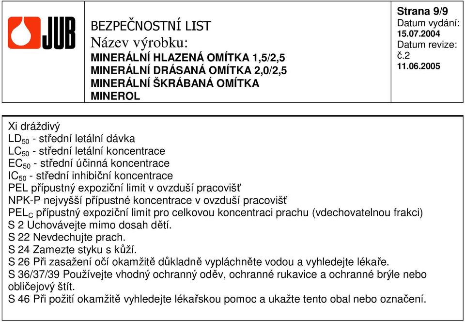 frakci) S 2 Uchovávejte mimo dosah dětí. S 22 Nevdechujte prach. S 24 Zamezte styku s kůží. S 26 Při zasažení očí okamžitě důkladně vypláchněte vodou a vyhledejte lékaře.