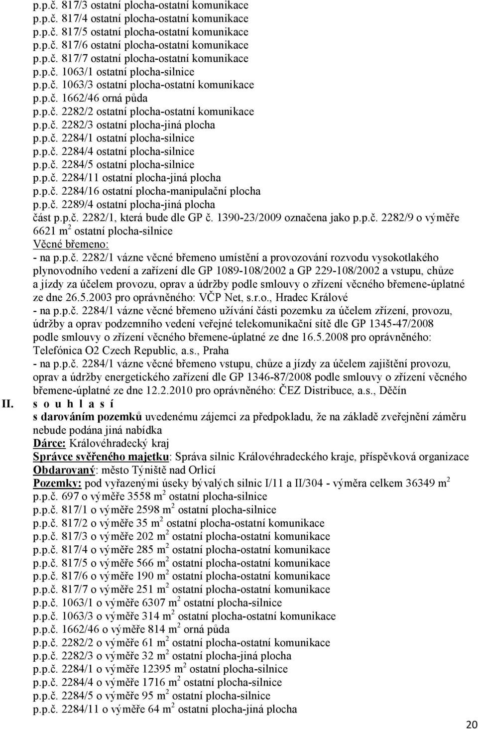 p.č. 2284/1 ostatní plocha-silnice p.p.č. 2284/4 ostatní plocha-silnice p.p.č. 2284/5 ostatní plocha-silnice p.p.č. 2284/11 ostatní plocha-jiná plocha p.p.č. 2284/16 ostatní plocha-manipulační plocha p.