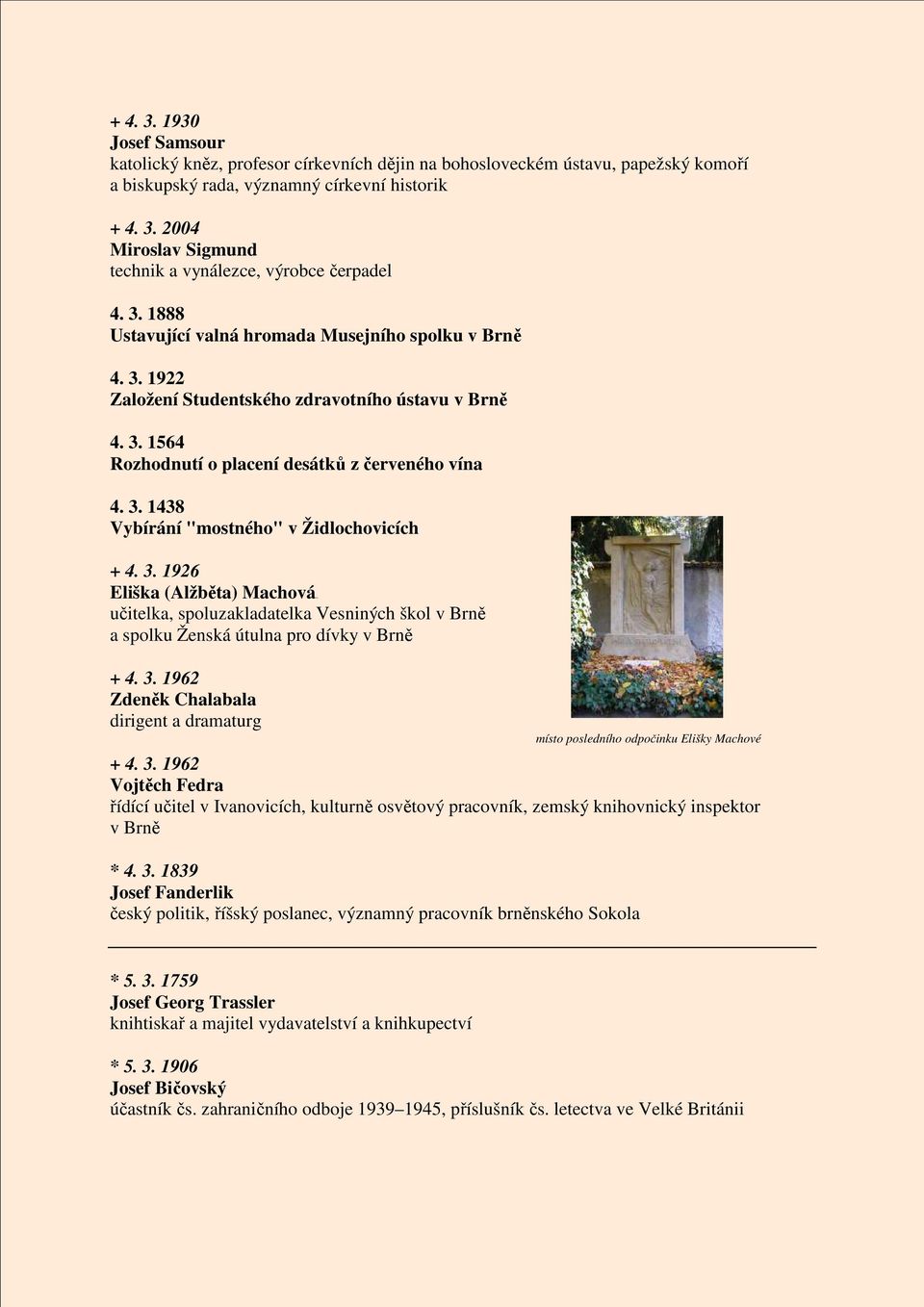 3. 1926 Eliška (Alžběta) Machová učitelka, spoluzakladatelka Vesniných škol v Brně a spolku Ženská útulna pro dívky v Brně + 4. 3.