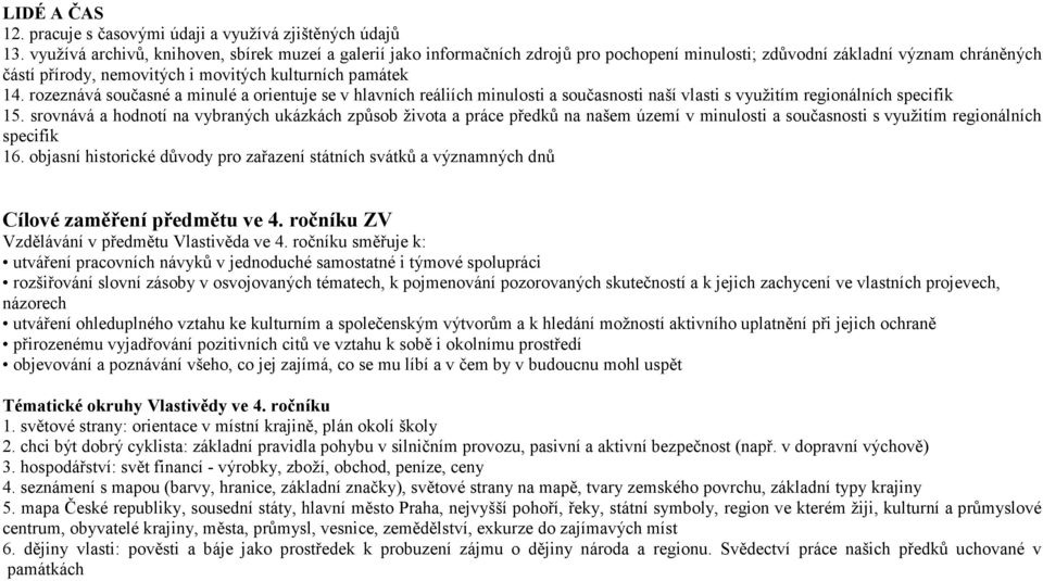 rozeznává současné a minulé a orientuje se v hlavních reáliích minulosti a současnosti naší vlasti s využitím regionálních specifik 15.