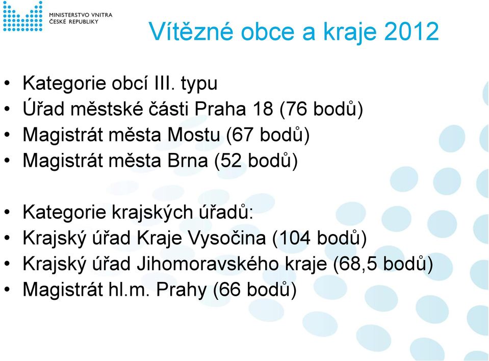 bodů) Magistrát města Brna (52 bodů) Kategorie krajských úřadů: Krajský