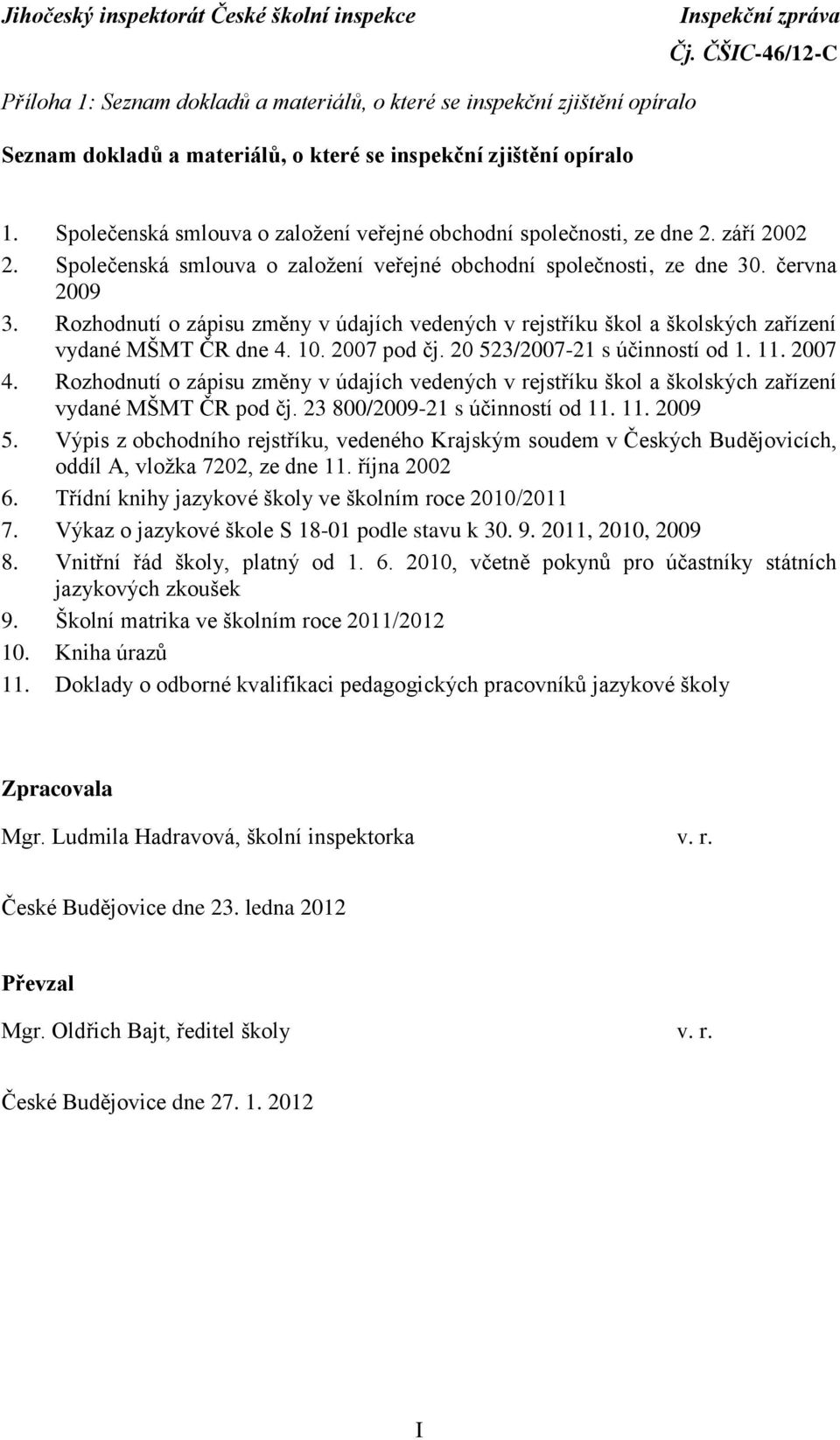 Rozhodnutí o zápisu změny v údajích vedených v rejstříku škol a školských zařízení vydané MŠMT ČR dne 4. 10. 2007 pod čj. 20 523/2007-21 s účinností od 1. 11. 2007 4.
