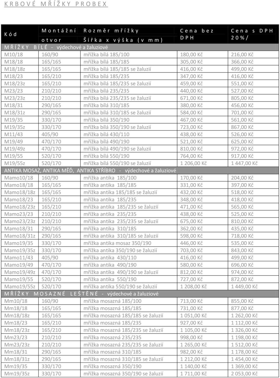 bílá 185/235 347,00 Kč 416,00 Kč M18/23z 165/210 mřížka bílá 185/235 se žaluzií 459,00 Kč 551,00 Kč M23/23 210/210 mřížka bílá 235/235 440,00 Kč 527,00 Kč M23/23z 210/210 mřížka bílá 235/235 se