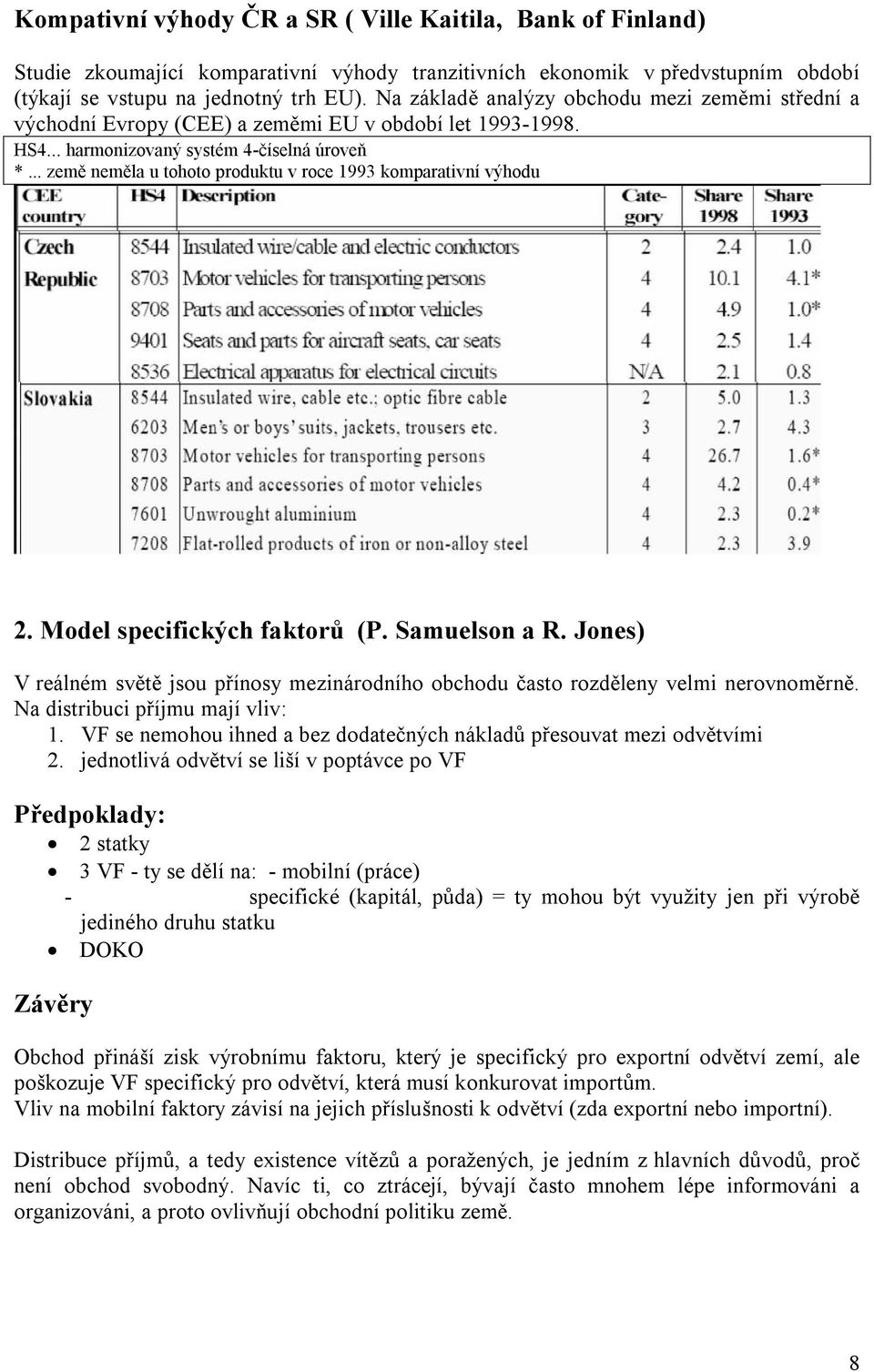 .. země neměla u tohoto produktu v roce 1993 komparativní výhodu 2. Model specifických faktorů (P. Samuelson a R.