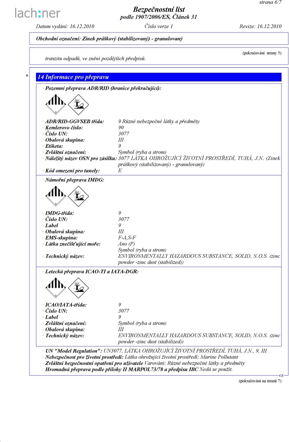 Obalová skupina: III Etiketa: 9 Zvláštní označení: Symbol (ryba a strom) Ná