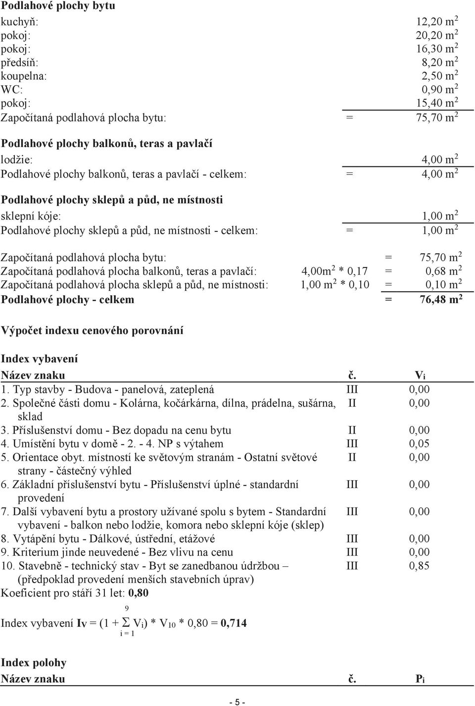 sklepů a půd, ne místnosti - celkem: = 1,00 m 2 Započítaná podlahová plocha bytu: = 75,70 m 2 Započítaná podlahová plocha balkonů, teras a pavlačí: 4,00m 2 * 0,17 = 0,68 m 2 Započítaná podlahová