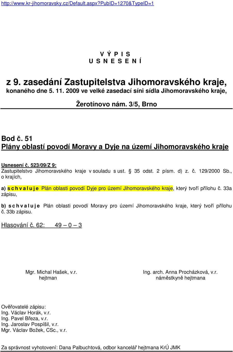 523/09/Z 9: Zastupitelstvo Jihomoravského kraje v souladu s ust. 35 odst. 2 písm. d) z. č. 129/2000 Sb.