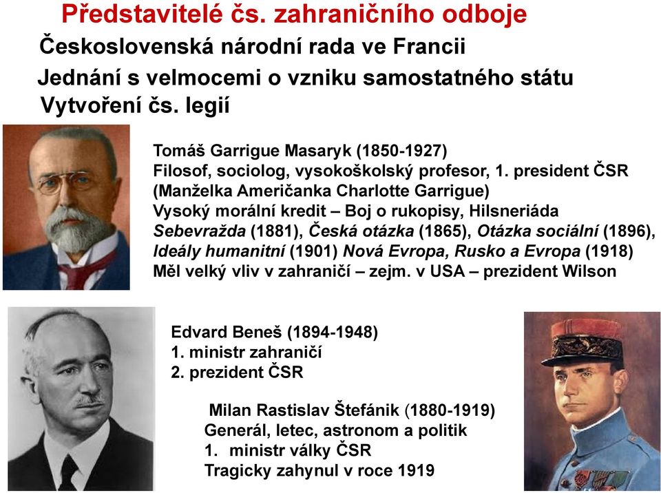 president ČSR (Manţelka Američanka Charlotte Garrigue) Vysoký morální kredit Boj o rukopisy, Hilsneriáda Sebevražda (1881), Česká otázka (1865), Otázka sociální (1896),