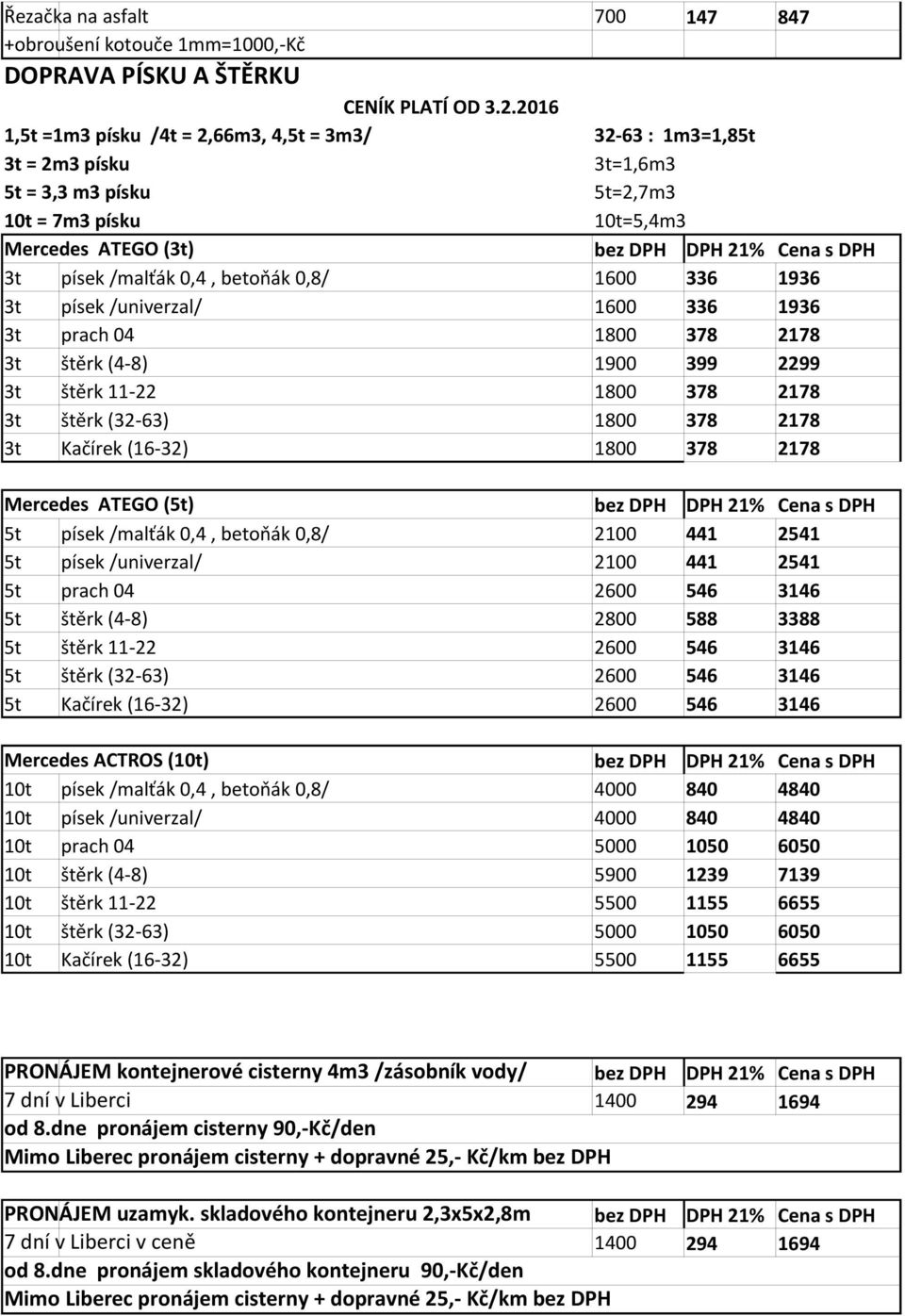 /malťák 0,4, betoňák 0,8/ 1600 336 1936 3t písek /univerzal/ 1600 336 1936 3t prach 04 1800 378 2178 3t štěrk (4-8) 1900 399 2299 3t štěrk 11-22 1800 378 2178 3t štěrk (32-63) 1800 378 2178 3t