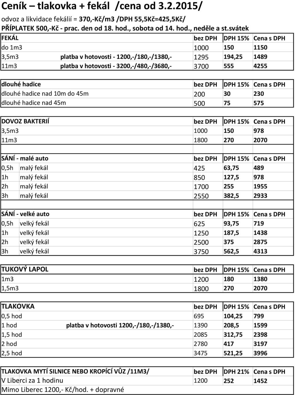bez DPH DPH 15% Cena s DPH dlouhé hadice nad 10m do 45m 200 30 230 dlouhé hadice nad 45m 500 75 575 DOVOZ BAKTERIÍ bez DPH DPH 15% Cena s DPH 3,5m3 1000 150 978 11m3 1800 270 2070 SÁNÍ - malé auto