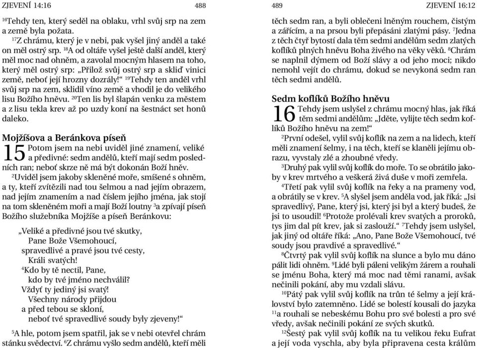 1 Tehdy ten anděl vrhl svůj srp na zem, sklidil víno země a vhodil je do velikého lisu Božího hněvu.