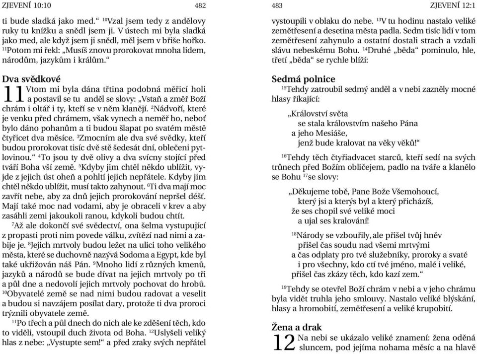 Dva svědkové Vtom mi byla dána třtina podobná měřicí holi a postavil se tu anděl se slovy: Vstaň a změř Boží chrám i oltář i ty, kteří se v něm klanějí.