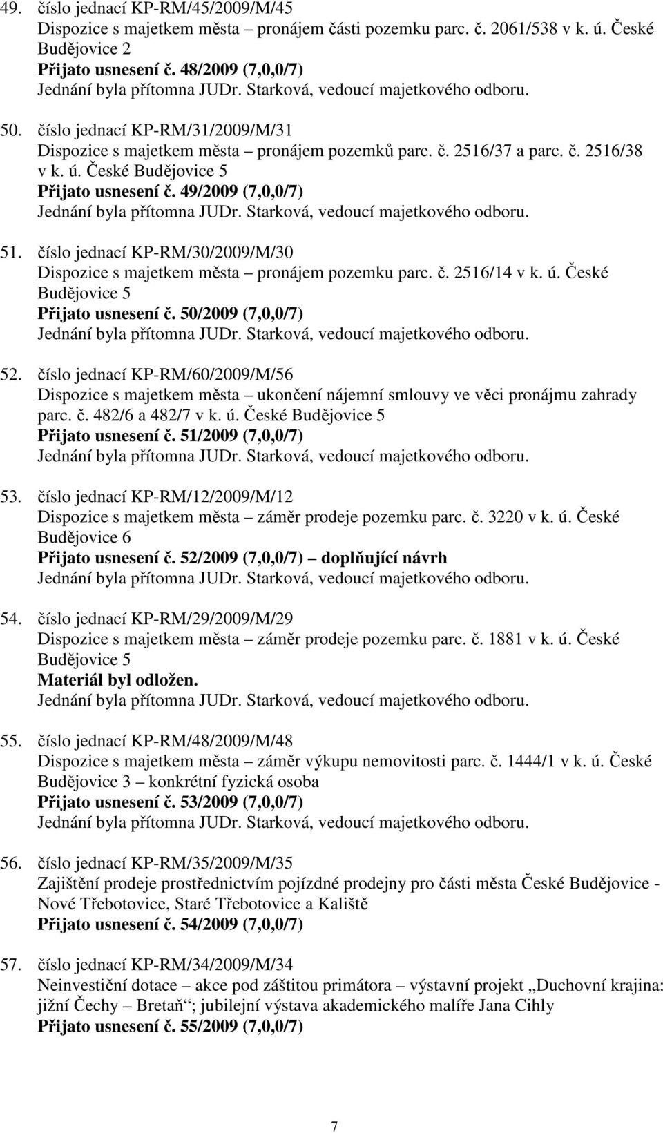 číslo jednací KP-RM/30/2009/M/30 Dispozice s majetkem města pronájem pozemku parc. č. 2516/14 v k. ú. České Budějovice 5 Přijato usnesení č. 50/2009 (7,0,0/7) 52.