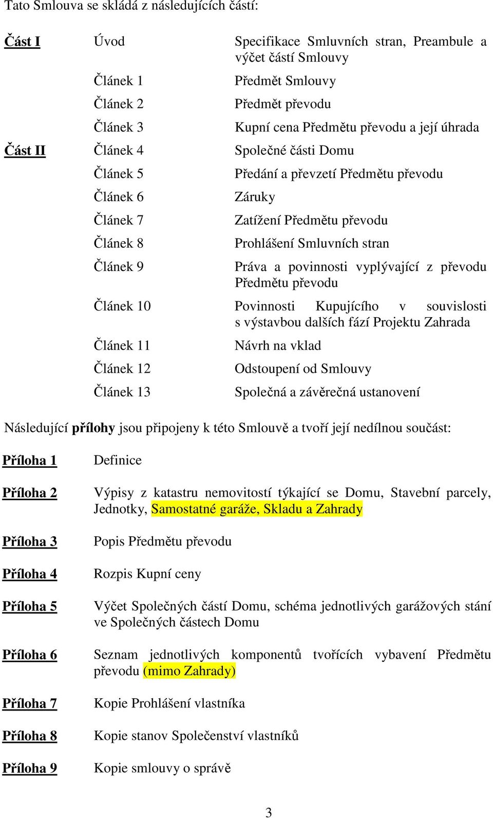 stran Práva a povinnosti vyplývající z převodu Předmětu převodu Článek 10 Povinnosti Kupujícího v souvislosti s výstavbou dalších fází Projektu Zahrada Článek 11 Článek 12 Článek 13 Návrh na vklad