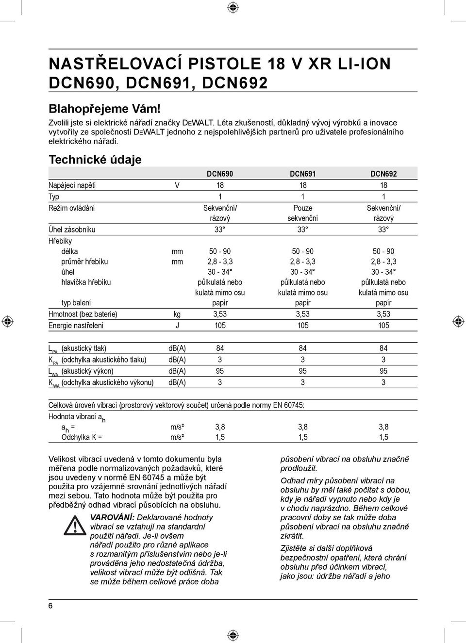 Technické údaje DCN690 DCN691 DCN692 Napájecí napětí V 18 18 18 Typ 1 1 1 Režim ovládání Sekvenční/ Pouze Sekvenční/ rázový sekvenční rázový Úhel zásobníku 33 33 33 Hřebíky délka mm 50-90 50-90 50-90