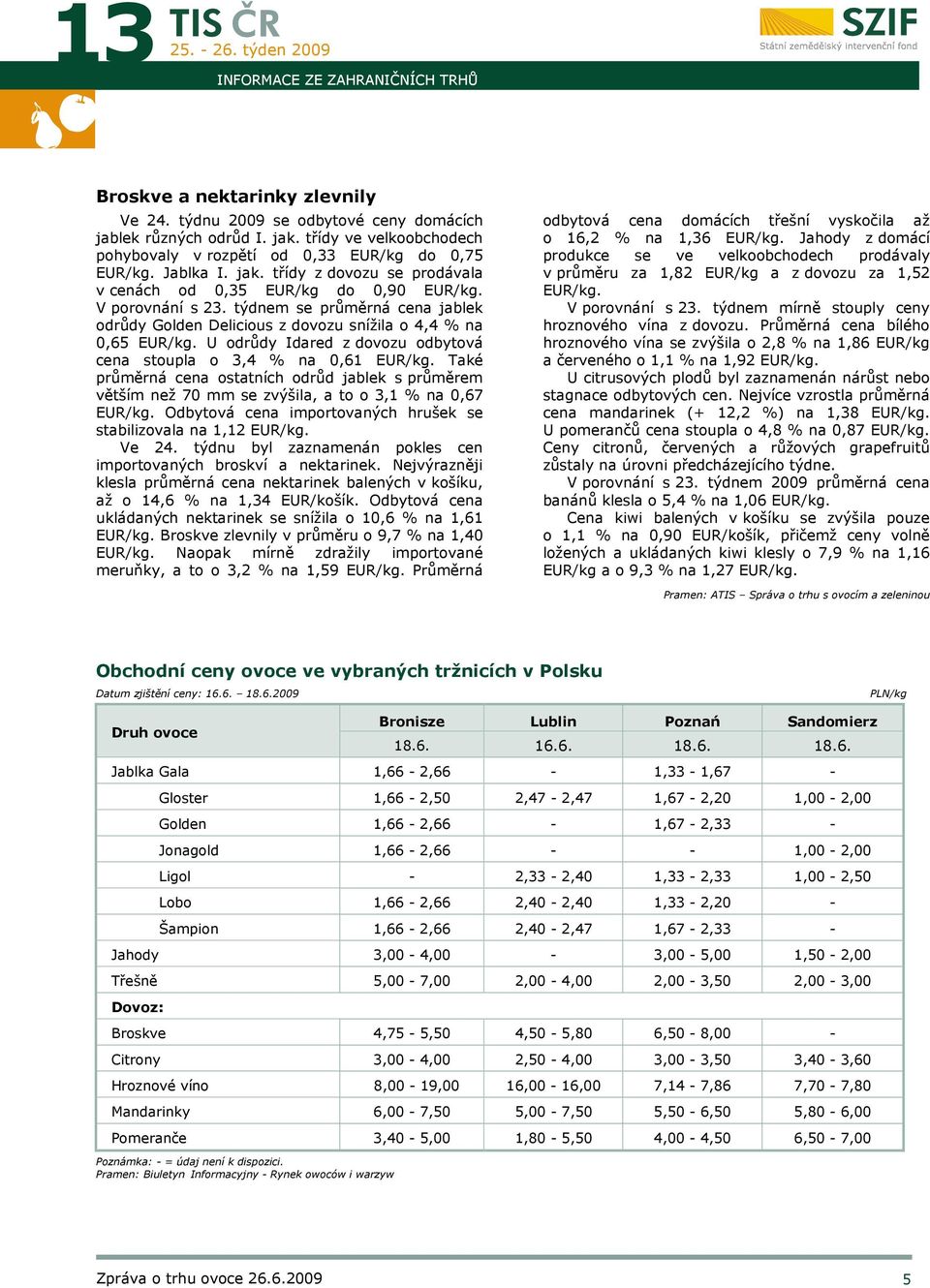 týdnem se průměrná cena jablek odrůdy Golden Delicious z dovozu snížila o 4,4 % na 0,65 EUR/kg. U odrůdy Idared z dovozu odbytová cena stoupla o 3,4 % na 0,61 EUR/kg.
