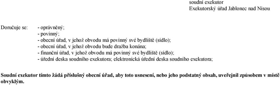 povinný své bydliště (sídlo); - úřední deska soudního exekutora; elektronická úřední deska soudního exekutora; Soudní
