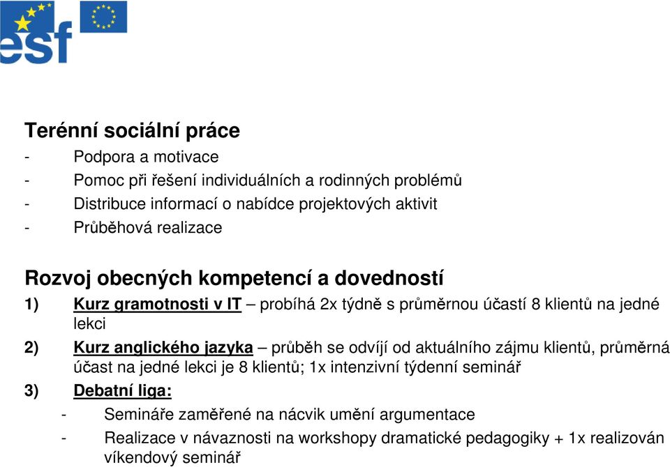 lekci 2) Kurz anglického jazyka průběh se odvíjí od aktuálního zájmu klientů, průměrná účast na jedné lekci je 8 klientů; 1x intenzivní týdenní seminář