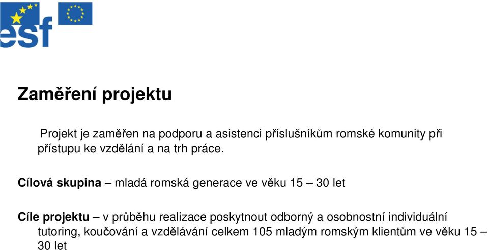 Cílová skupina mladá romská generace ve věku 15 30 let Cíle projektu v průběhu