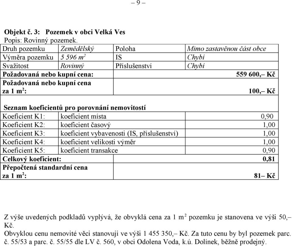 100, Kč Seznam koeficientů pro porovnání nemovitostí Koeficient K1: koeficient místa 0,90 Koeficient K2: koeficient časový 1,00 Koeficient K3: koeficient vybavenosti (IS, příslušenství) 1,00