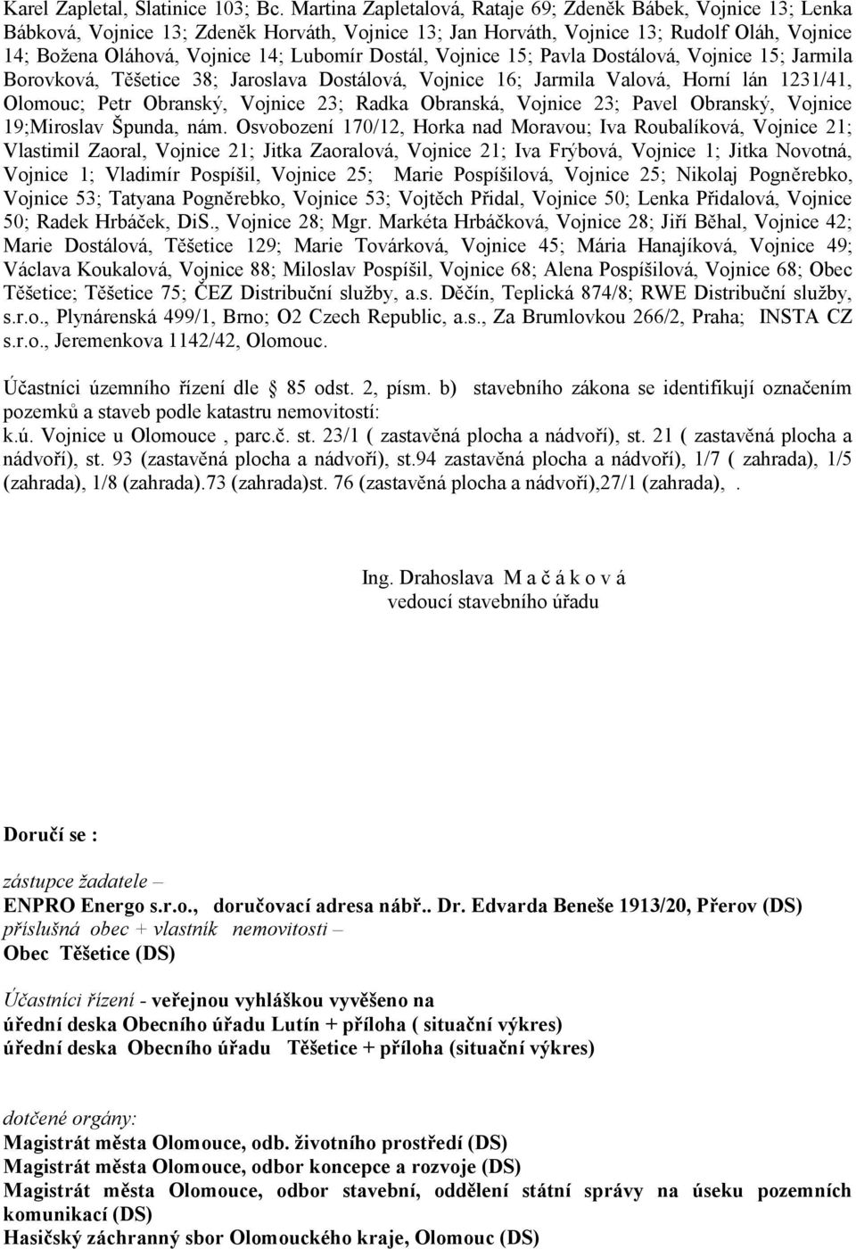 Dostál, Vojnice 15; Pavla Dostálová, Vojnice 15; Jarmila Borovková, Těšetice 38; Jaroslava Dostálová, Vojnice 16; Jarmila Valová, Horní lán 1231/41, Olomouc; Petr Obranský, Vojnice 23; Radka