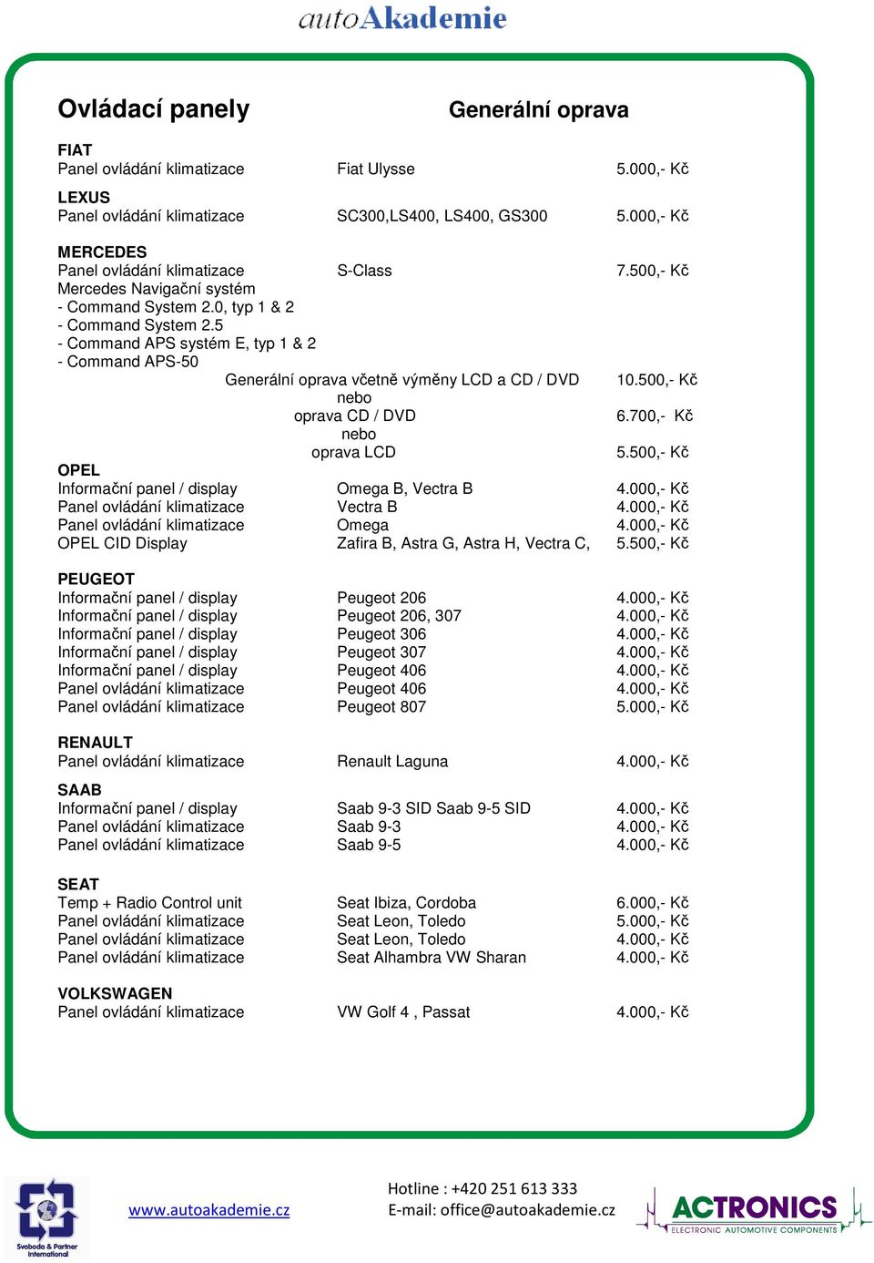 500,- Kč oprava CD / DVD oprava LCD 6.700,- Kč 5.500,- Kč OPEL Informační panel / display Omega B, Vectra B 4.000,- Kč Panel ovládání klimatizace Vectra B 4.