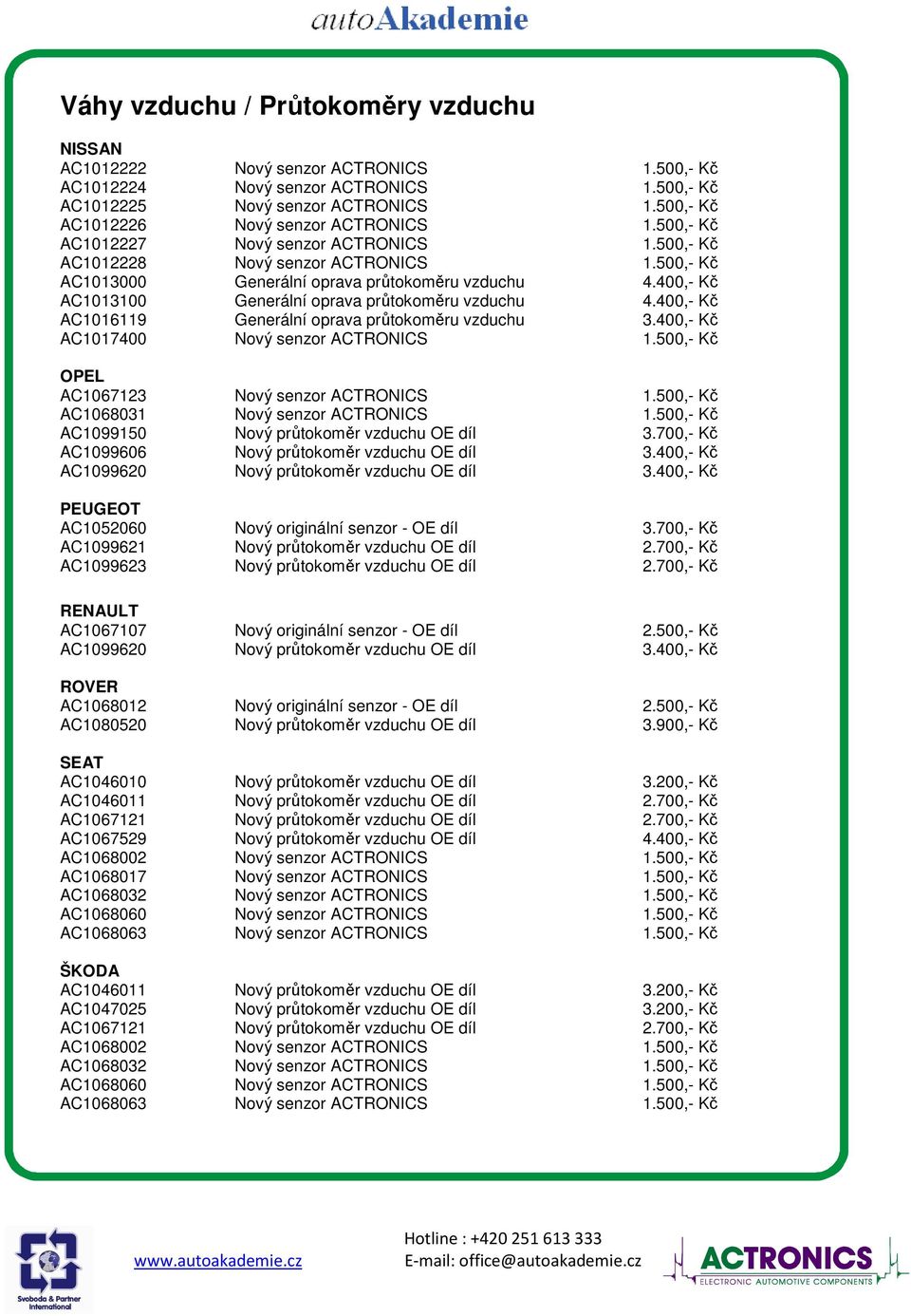 400,- Kč AC1013100 průtokoměru vzduchu 4.400,- Kč AC1016119 průtokoměru vzduchu 3.400,- Kč AC1017400 Nový senzor ACTRONICS 1.500,- Kč OPEL AC1067123 Nový senzor ACTRONICS 1.