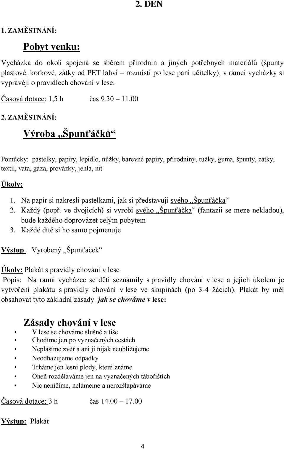 vyprávějí o pravidlech chování v lese. Časová dotace: 1,5 h čas 9.30 11.00 2.
