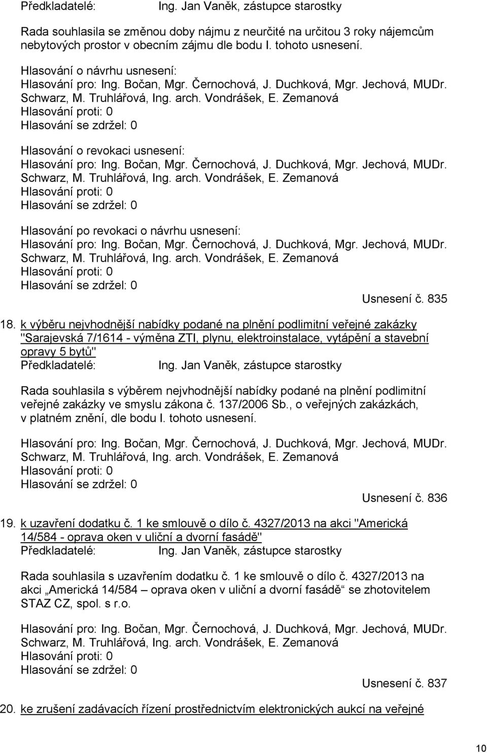 Zemanová Hlasování proti: 0 Hlasování se zdržel: 0 Hlasování o revokaci usnesení: Hlasování pro: Ing. Bočan, Mgr. Černochová, J. Duchková, Mgr. Jechová, MUDr. Schwarz, M. Truhlářová, Ing. arch.