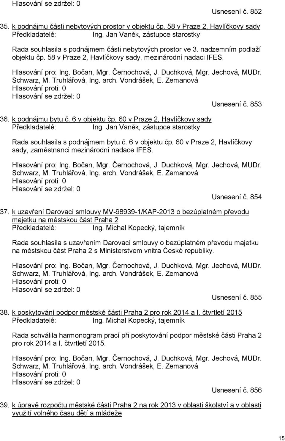 Bočan, Mgr. Černochová, J. Duchková, Mgr. Jechová, MUDr. Schwarz, M. Truhlářová, Ing. arch. Vondrášek, E. Zemanová Hlasování proti: 0 Hlasování se zdržel: 0 Usnesení č. 853 36. k podnájmu bytu č.