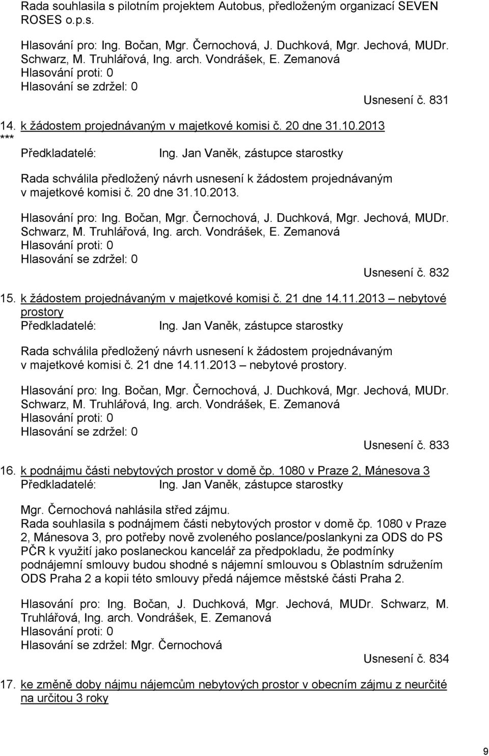 Jan Vaněk, zástupce starostky Rada schválila předložený návrh usnesení k žádostem projednávaným v majetkové komisi č. 20 dne 31.10.2013. Hlasování pro: Ing. Bočan, Mgr. Černochová, J. Duchková, Mgr.