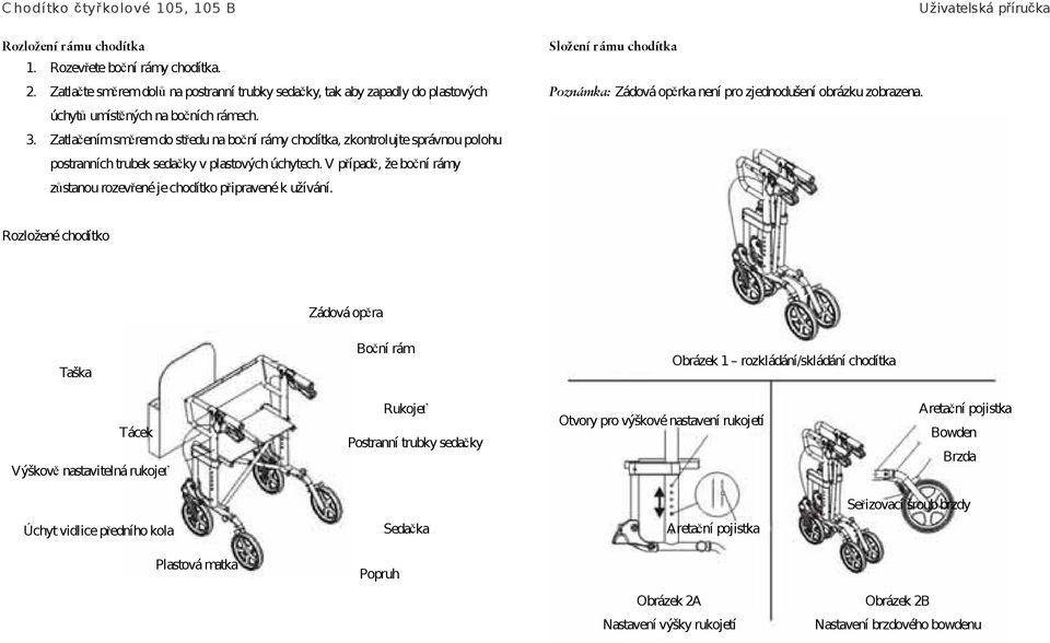 V případě, že boční rámy zůstanou rozevřené je chodítko připravené k užívání. Složení rámu chodítka Poznámka: Zádová opěrka není pro zjednodušení obrázku zobrazena.