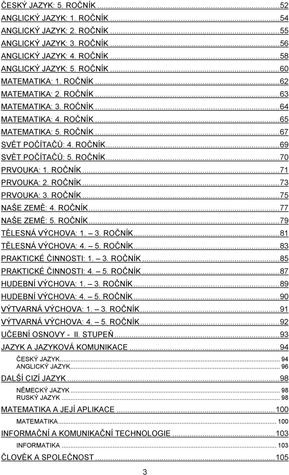 ROČNÍK... 71 PRVOUKA: 2. ROČNÍK... 73 PRVOUKA: 3. ROČNÍK... 75 NAŠE ZEMĚ: 4. ROČNÍK... 77 NAŠE ZEMĚ: 5. ROČNÍK... 79 TĚLESNÁ VÝCHOVA: 1. 3. ROČNÍK... 81 TĚLESNÁ VÝCHOVA: 4. 5. ROČNÍK... 83 PRAKTICKÉ ČINNOSTI: 1.