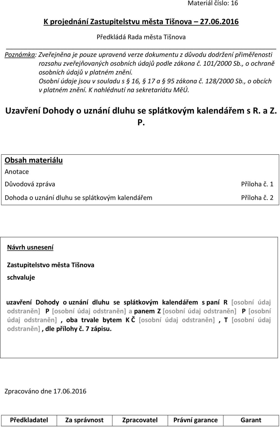 , o ochraně osobních údajů v platném znění. Osobní údaje jsou v souladu s 16, 17 a 95 zákona č. 128/2000 Sb., o obcích v platném znění. K nahlédnutí na sekretariátu MěÚ.