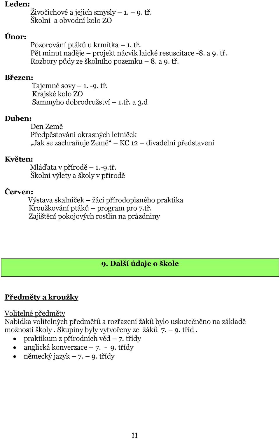 d Duben: Den Země Předpěstování okrasných letniček Jak se zachraňuje Země KC 12 divadelní představení Květen: Mláďata v přírodě 1.-9.tř.