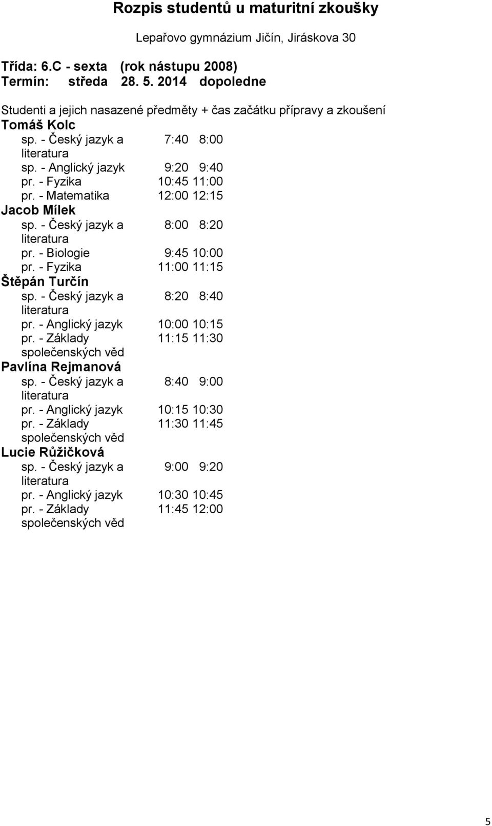 - Biologie 9:45 10:00 pr. - Fyzika 11:00 11:15 Štěpán Turčín sp. - Český jazyk a 8:20 8:40 pr.