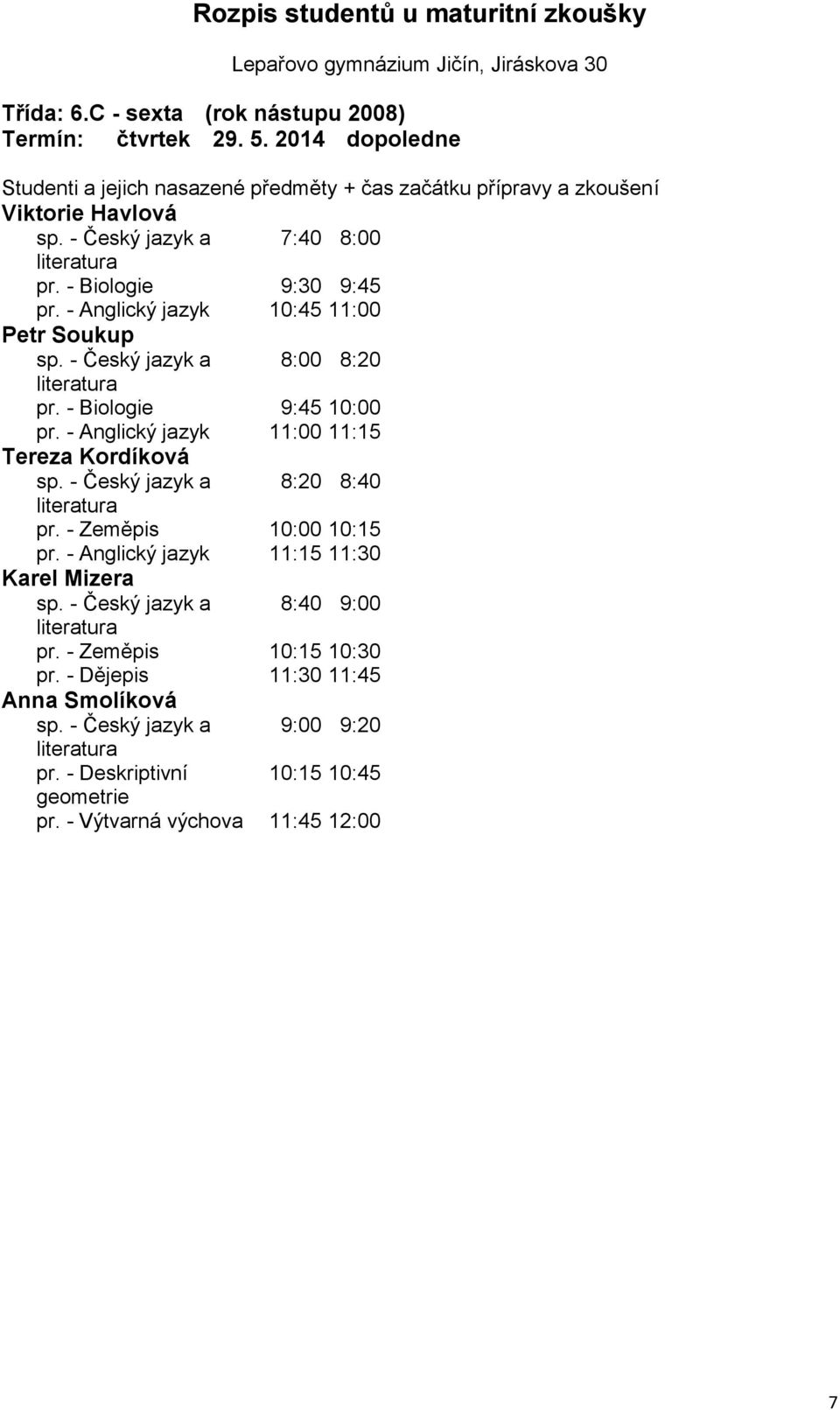 - Český jazyk a 8:20 8:40 pr. - Zeměpis 10:00 10:15 pr. - Anglický jazyk 11:15 11:30 Karel Mizera sp. - Český jazyk a 8:40 9:00 pr.