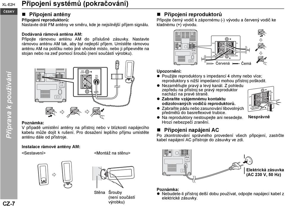 Umístěte rámovou anténu AM na poličku nebo jiné vhodné místo, nebo ji připevněte na stojan nebo na zeď pomocí šroubů (není součástí výrobku).