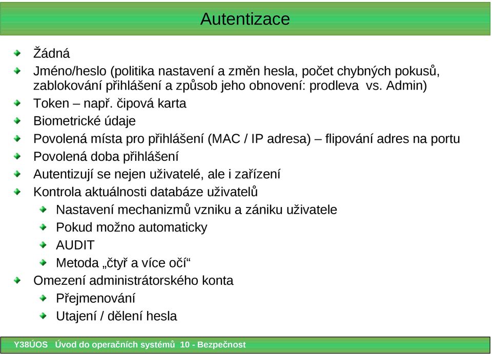 čipová karta Biometrické údaje Povolená místa pro přihlášení (MAC / IP adresa) flipování adres na portu Povolená doba přihlášení